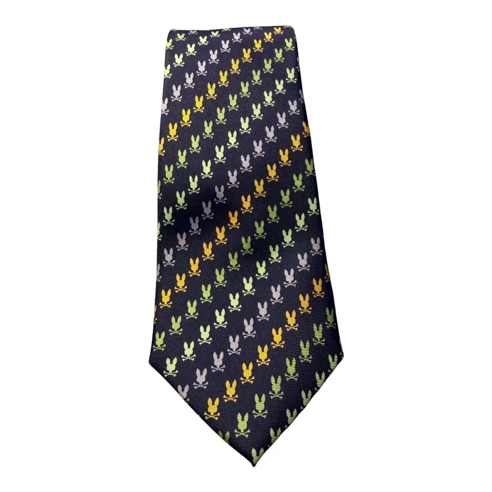 Psycho Bunny Mens 100% Silk Tie Navy Blue and Multi Color Logo Print